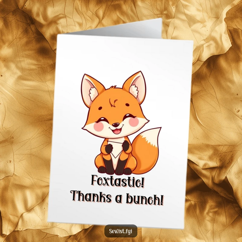 Funny free printable thank you card: A fox with a proud grin stitches a vibrant patch.