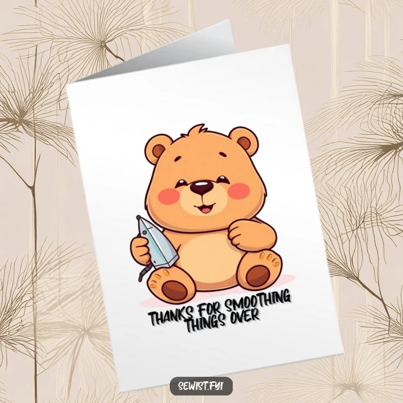Funny Free Printable Bear Thank You Card: A jovial bear concentrates on ironing seams, showing dedicated appreciation.