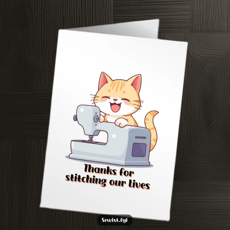 Funny Free Printable Thank You Card: A grinning cat smoothly using a sewing machine to send thanks.