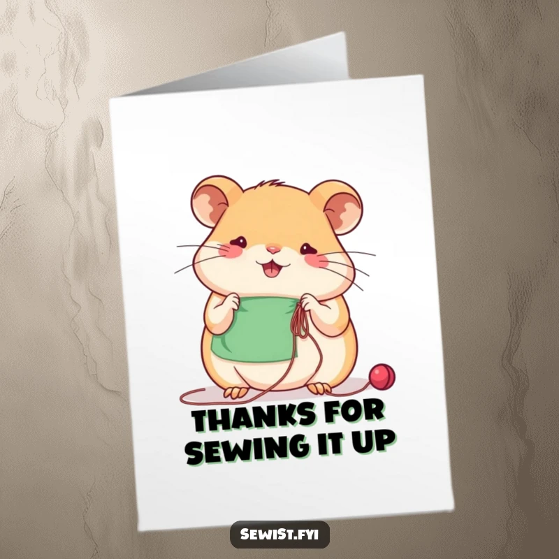 Funny Free Printable Thank You Card: Beaming hamster concentrating on sewing with needle and thread, a humorous thank you.