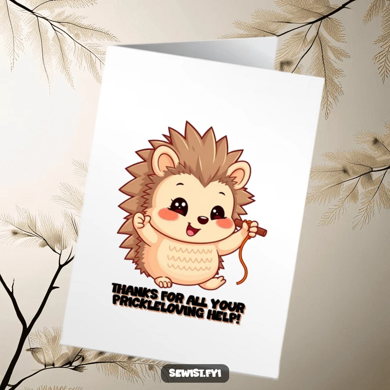 Funny Free Printable Hedgehog Thank You Card: Hedgehog proudly displays a completed stitch, conveying sincere thanks.