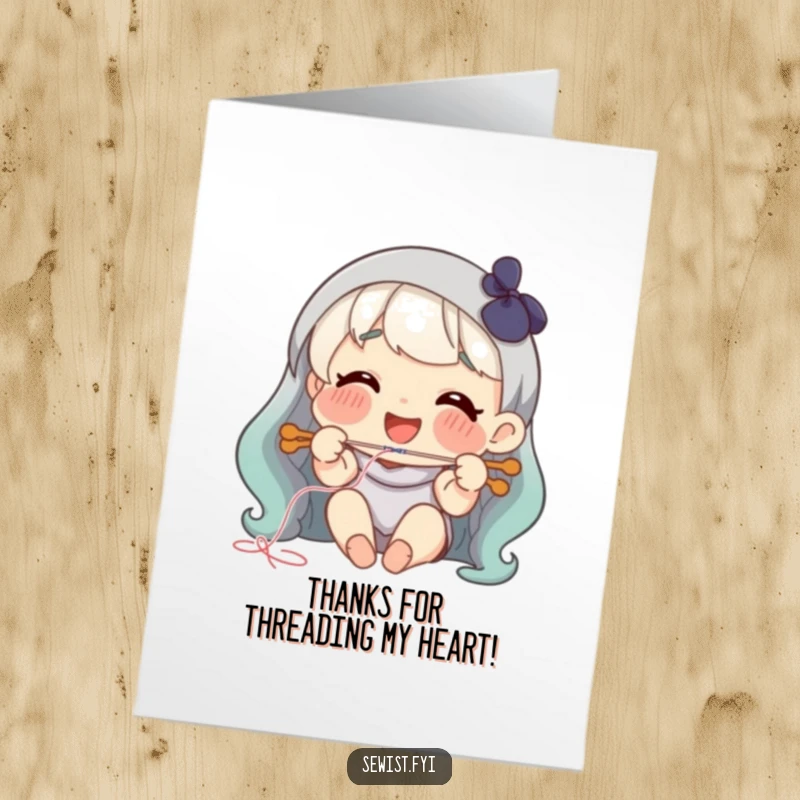 Funny free printable thank you card: A character with a happy smile, skillfully threading a needle, expressing thanks.