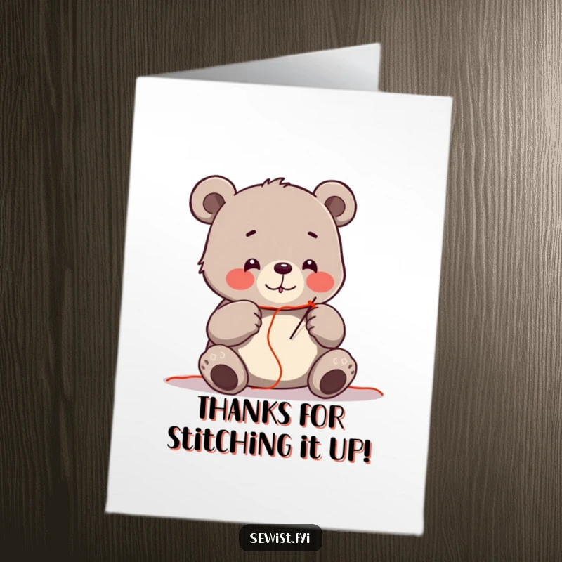 Funny Free Printable Thank You Card: A cheerful bear concentrating on threading a needle with a bright red thread, a symbol of care.