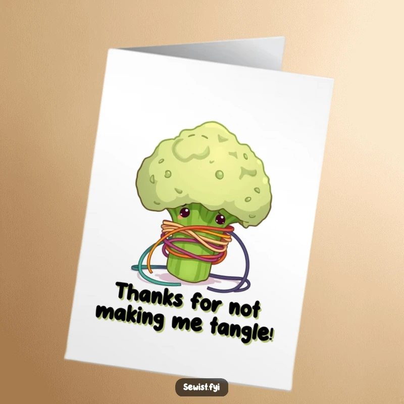 Funny Free Printable Thank You Card: A clumsy broccoli floret hopelessly tangled in bright colorful threads, looking distressed.
