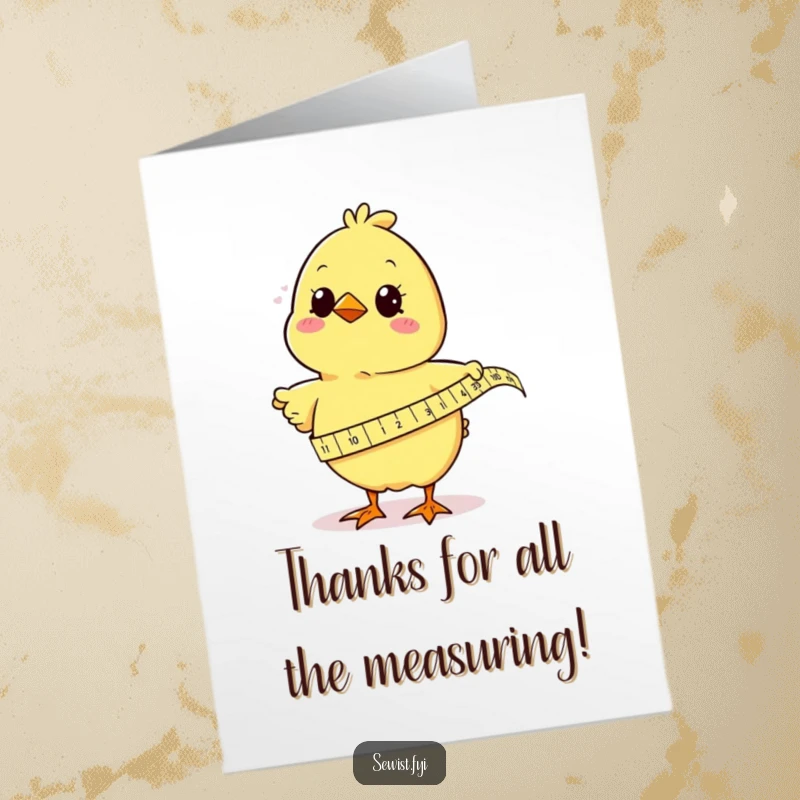 Funny Free Printable Thank You Card featuring a cute chick measuring appreciation with a bright yellow tape measure.