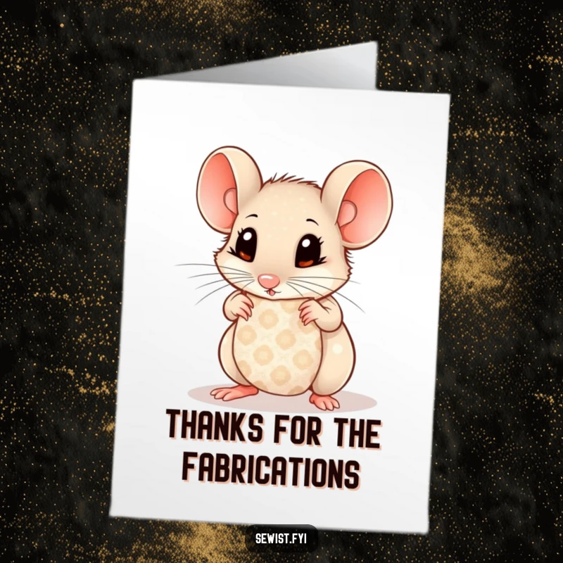 Funny Free Printable Thank You Card: Curious mouse examining fabric swatch with fascination, a sweet and thoughtful gift.