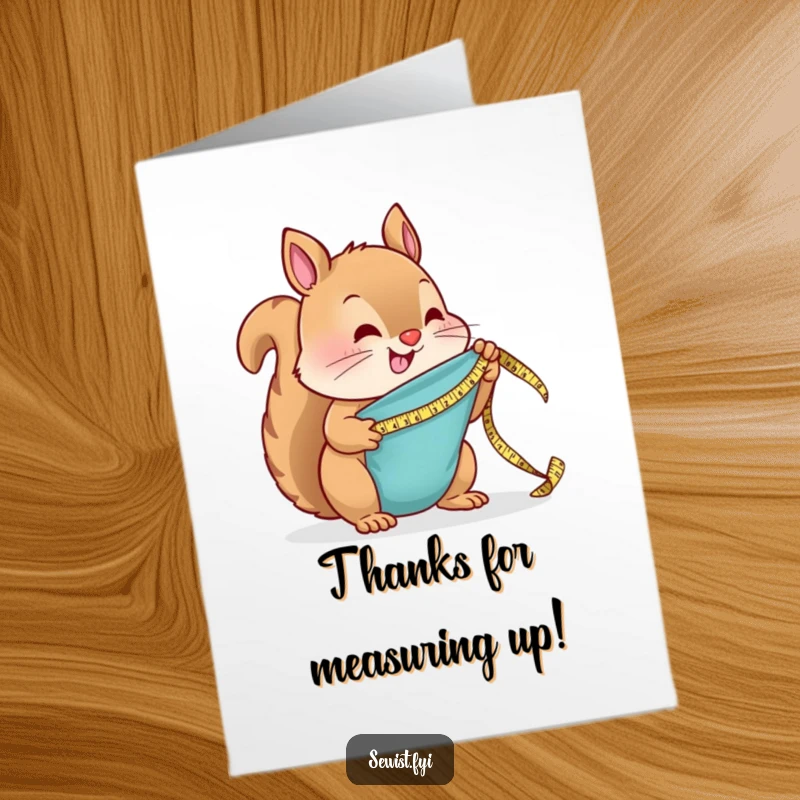 Funny Free Printable Thank You Card with a happy squirrel tailor carefully cutting fabric, perfect for a DIY thank you gesture.