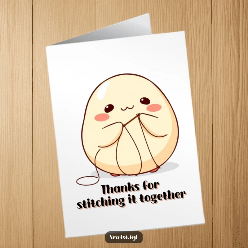 Funny Free Printable Thank You Card: A round dumpling comically attempts to self-stitch with thread.