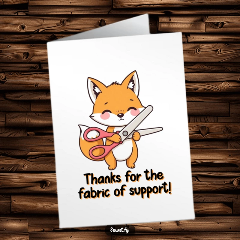 Funny Free Printable Thank You Card: A playful fox character enthusiastically cutting red fabric with oversized novelty scissors. Cheerful gratitude.