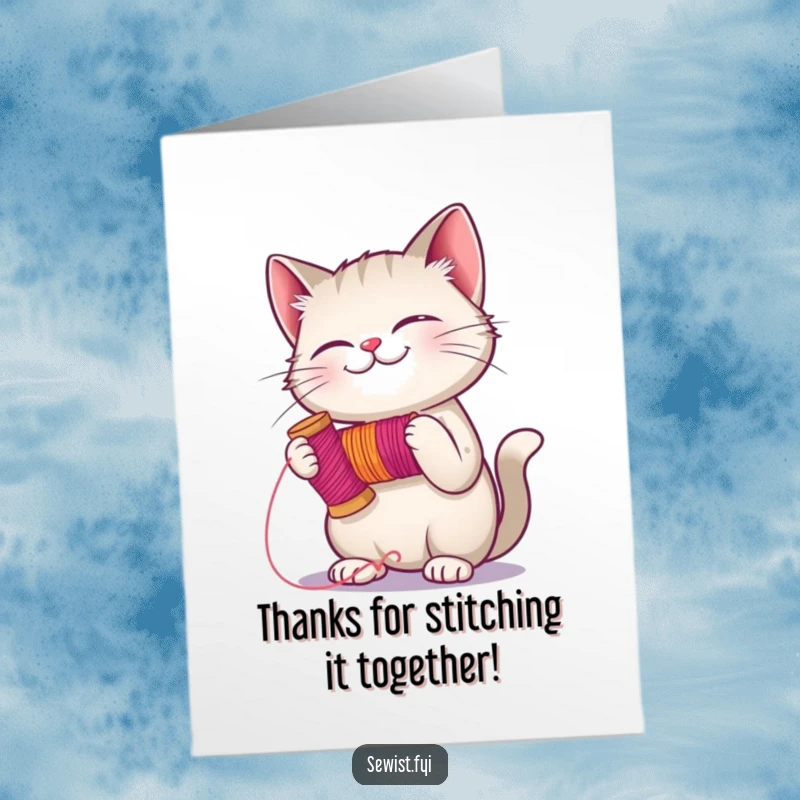 Funny Free Printable Thank You Card: A giggling cat holds a spool of vibrant thread, ready for a crafting session.