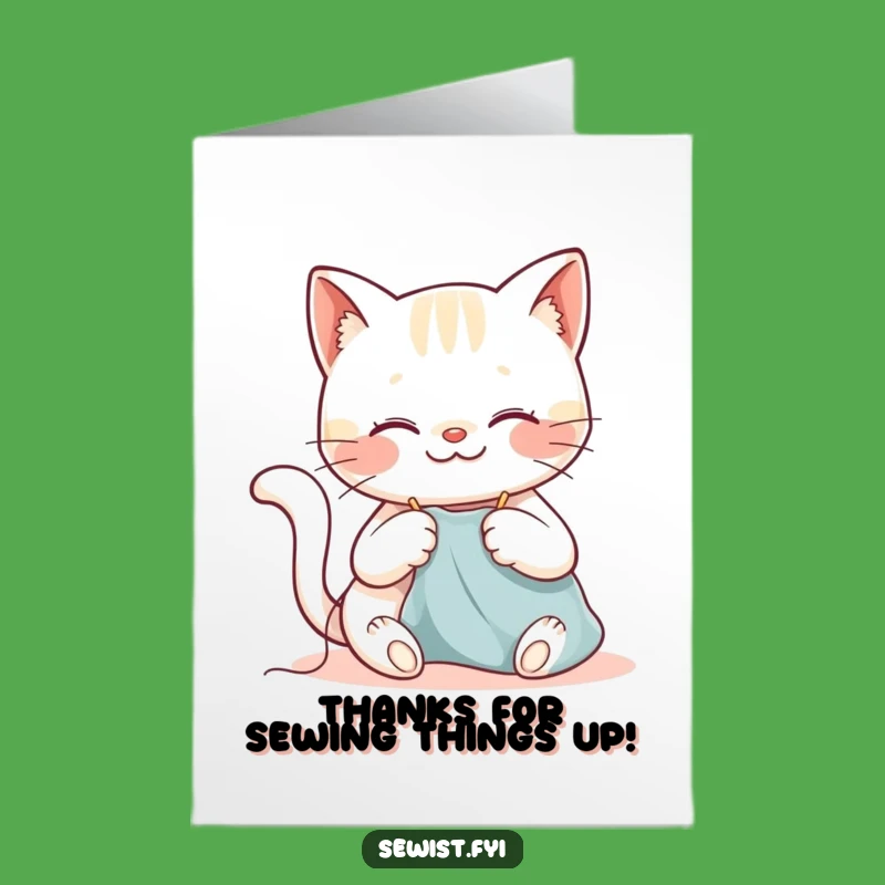 Free Printable Thank You Card: Happy Cat Sewing Gratitude Funny Downloadable Gift