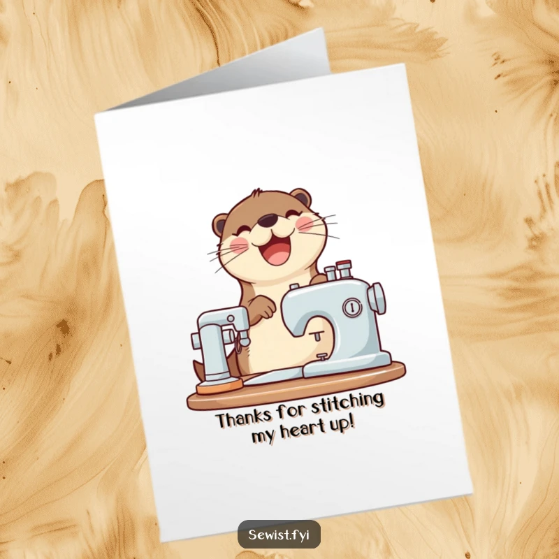 Funny Free Printable Thank You Card: A joyful otter joyfully sewing with a whirring machine, expressing heartfelt thanks.