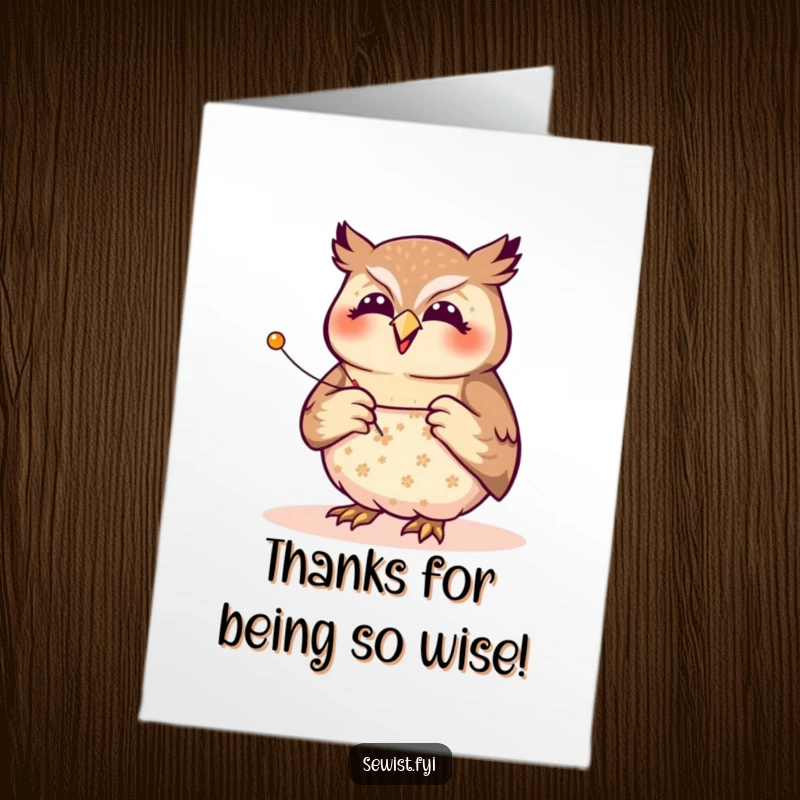 Funny Free Printable Thank You Card: Joyful owl pinning a pattern with focus, a wise way to say thanks.