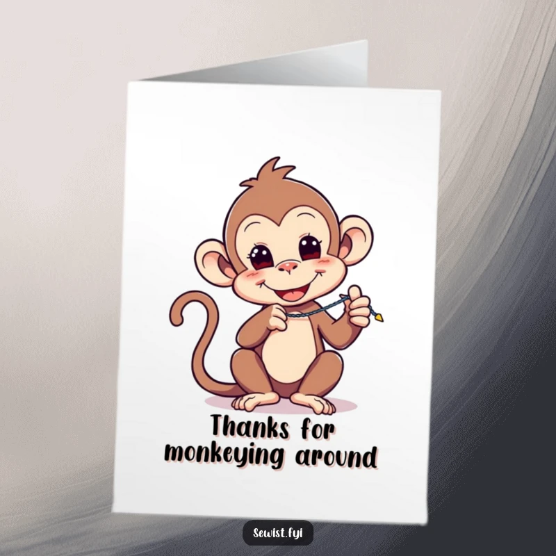 Funny Free Printable Thank You Card: A playful monkey expertly demonstrates a zigzag stitch with a sewing machine.