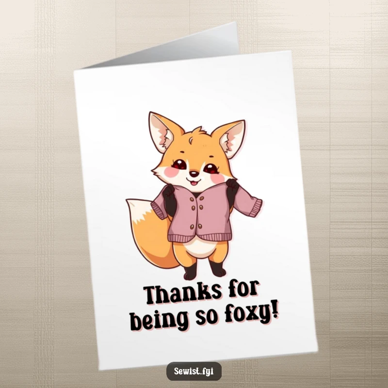 Funny Free Printable Thank You Card: Playful fox holding a slightly crooked garment with pride, unique thanks.