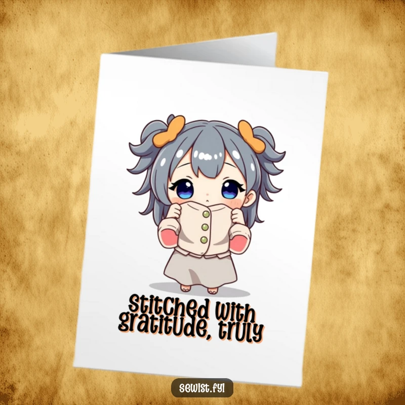 Funny Free Printable thank you card: a character holds a sewn item, expressing gratitude, a DIY downloadable gift.