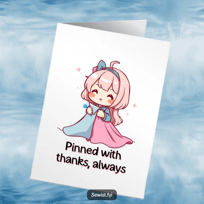 Funny Free Printable thank you card: a character happily pins fabric pieces, representing unity and support, a DIY gift.