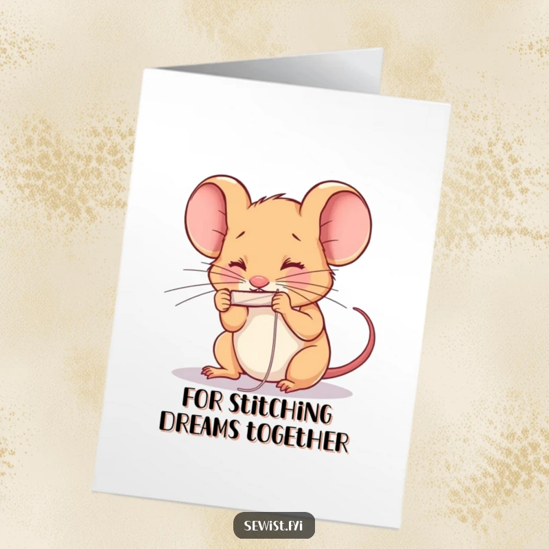 Funny Free Printable Thank You Card with a determined mouse threading a needle, a creative downloadable gift.