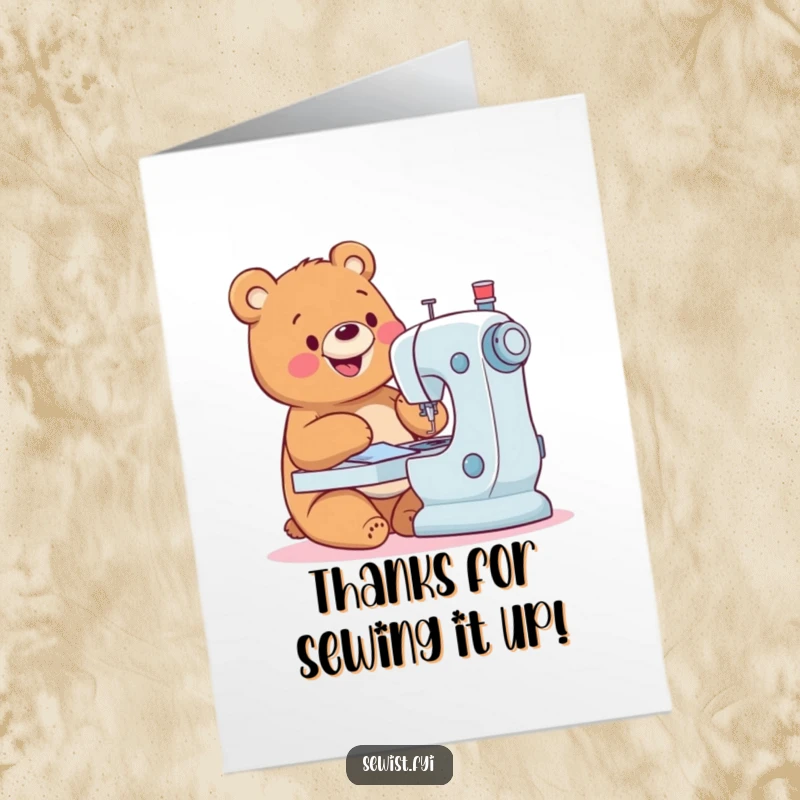 Funny free printable thank you card: A happy bear sewing on a machine, looking pleased.