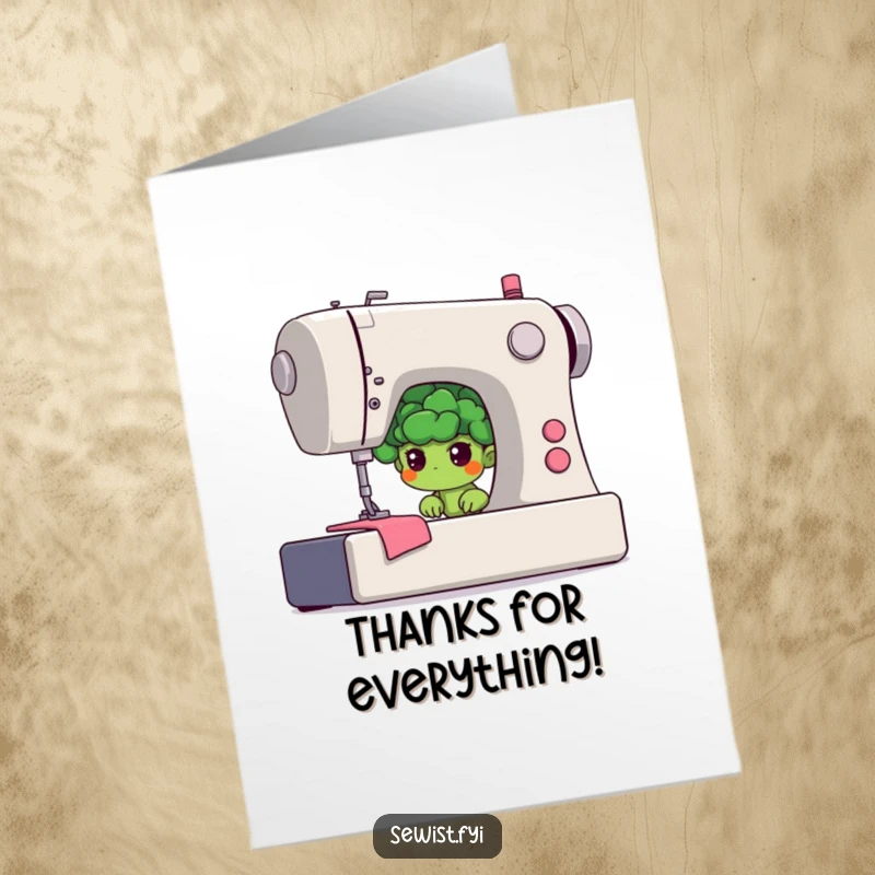 Funny Free Printable Thank You Card: Shy broccoli floret determinedly behind sewing machine, a quirky thank you gift, print at home.