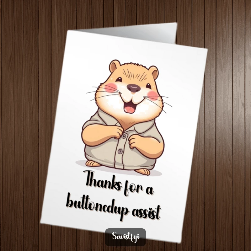 Funny Free Printable Thank You Card: Content capybara sewing a button, a cute way to say thanks.