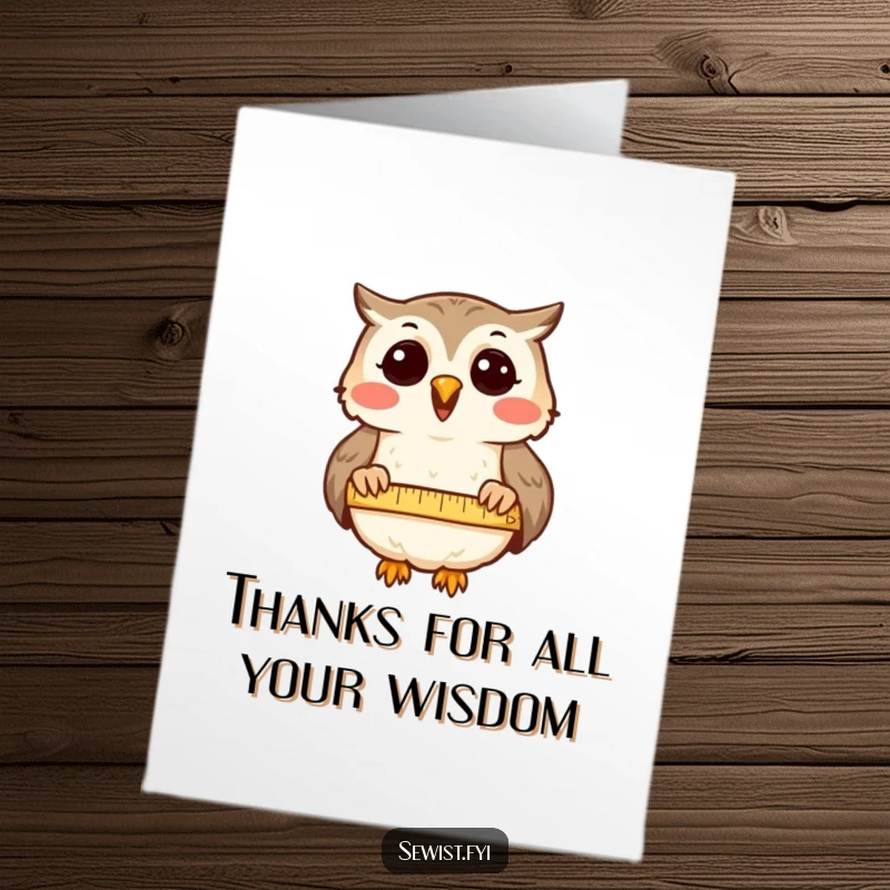 Funny Free Printable Owl Thank You Card: A delighted owl measures cloth, symbolizing careful thought and appreciation.