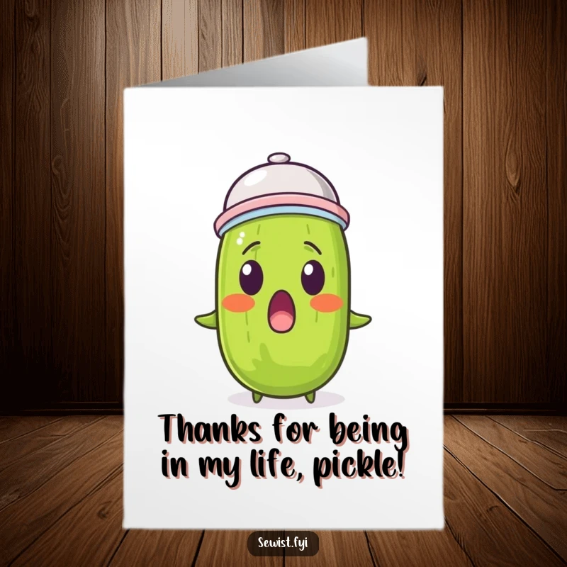 Funny Free Printable Pickle Card: A pickle wearing a thimble on its head, offering a funny thank you.