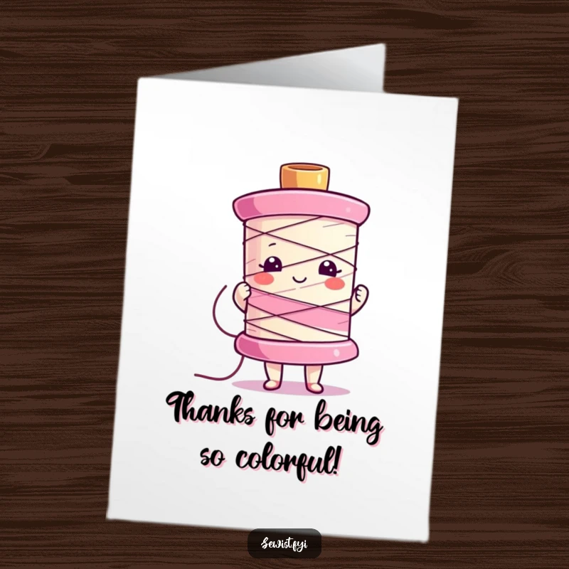 Funny Free Printable Thank You Card: Character proudly holding up a vibrant sewing spool, a colorful way to say thank you.