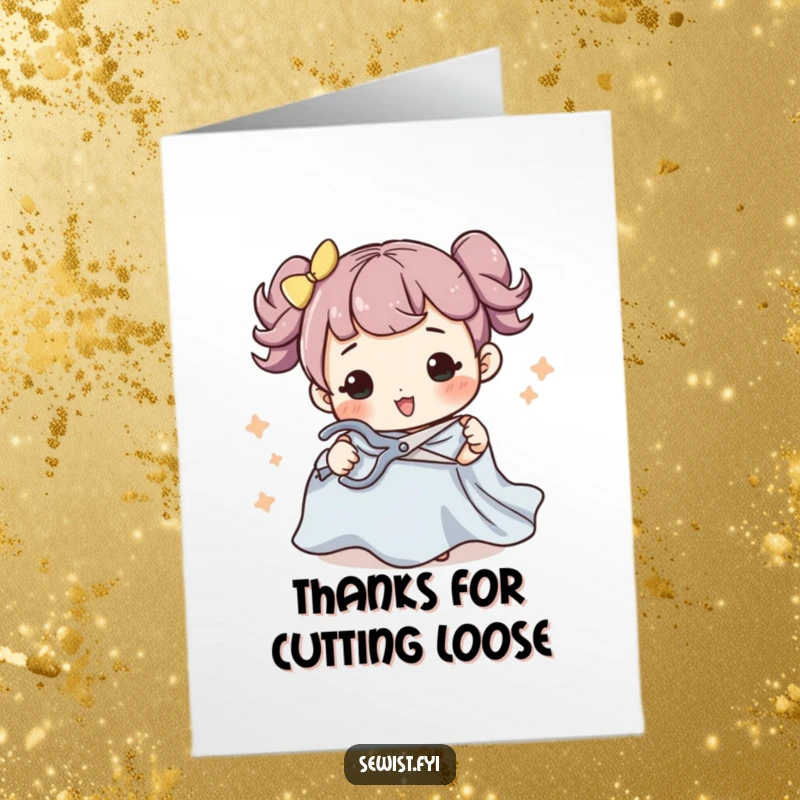 Funny Free Printable thank you card: a character impressively cuts fabric with scissors, expressing gratitude, a DIY gift.