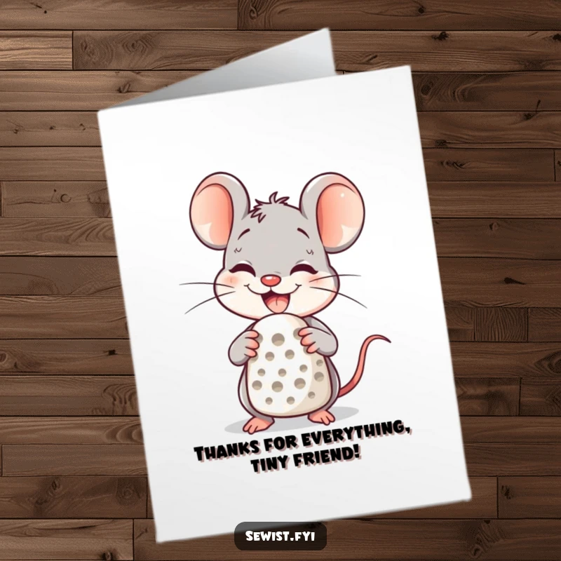 Funny Free Printable Thank You Card: A cheerful mouse character wears a large smile while sporting a thimble. Cute and thankful.