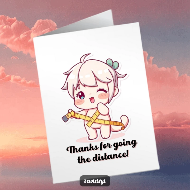 Funny Free Printable Thank You Card: Character using a measuring tape with a playful stretch, measuring the depth of gratitude.