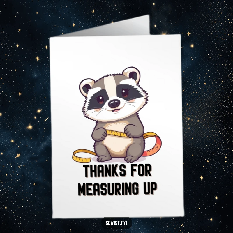 Funny Free Printable Thank You Card: A determined badger is carefully measuring fabric with a tape measure.