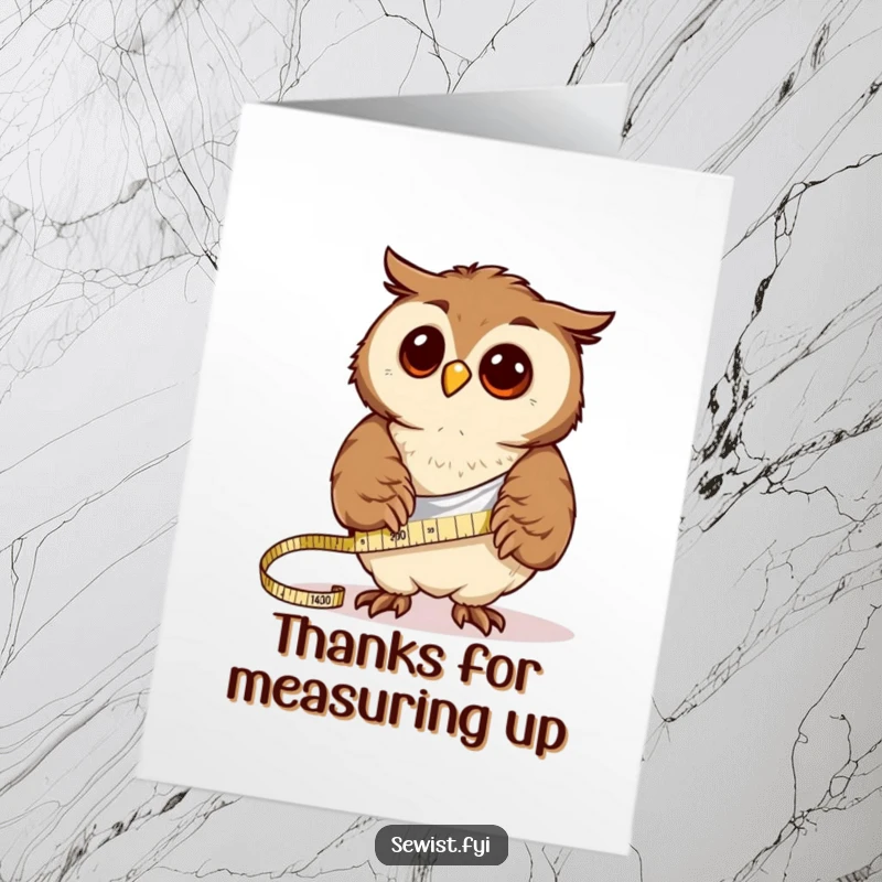 Funny Free Printable Thank You Card: Curious owl carefully measures cloth with a tape measure, a humorous thank you note.