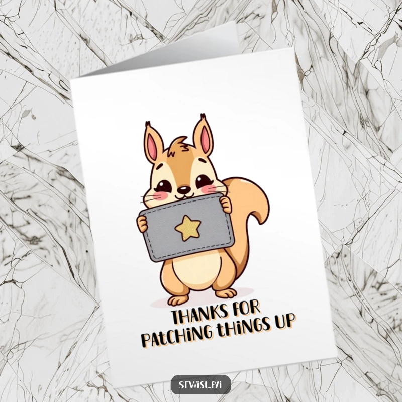 Funny Free Printable Thank You Card: A happy squirrel holds a freshly sewn patch, a symbol of gratitude.