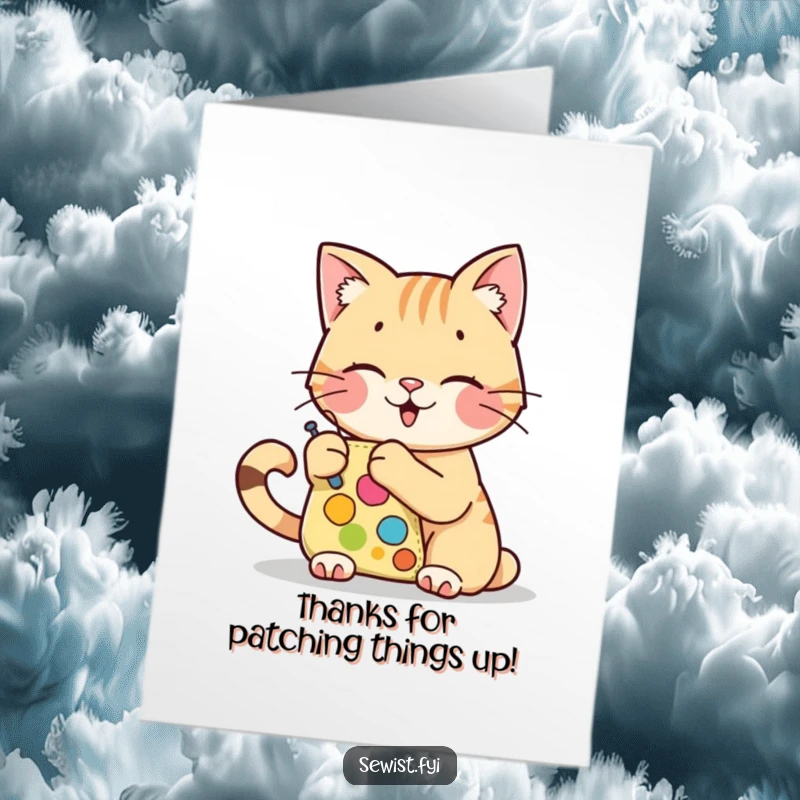 Funny Free Printable Thank You Card: A cheerful cat happily stitching a colorful patch, expressing thanks.