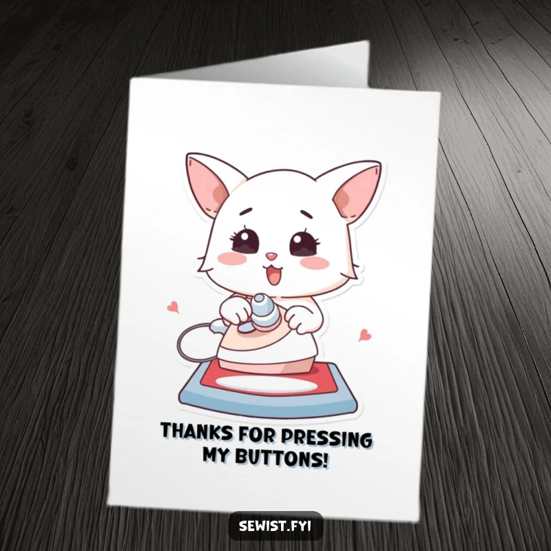 Funny Free Printable Thank You Card: Character energetically ironing a creation flat, symbolizing smooth and heartfelt thanks.