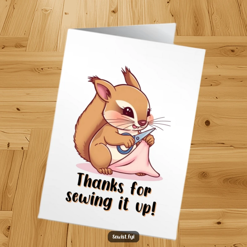 Funny Free Printable Thank You Card: Determined squirrel snipping fabric, a unique way to say thanks with humor.