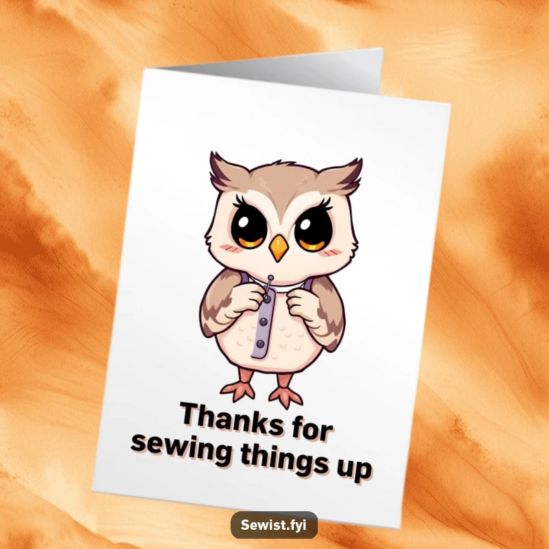Funny Free Printable Thank You Card: A contented owl is busy adjusting a dress form with sewing precision.