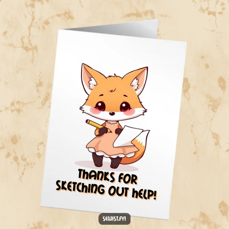 Funny Free Printable Thank You Card: A playful fox sketching a dress with a pencil, embodying fashionable thankfulness.