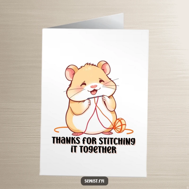 Funny Free Printable Hamster Thank You Card: A smiling hamster carefully threads colorful string, expressing heartfelt thanks.