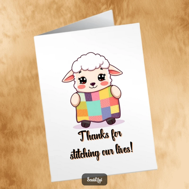 Funny Free Printable Thank You Card: A joyful sheep admires a vibrant, handmade patchwork quilt with big, happy eyes.