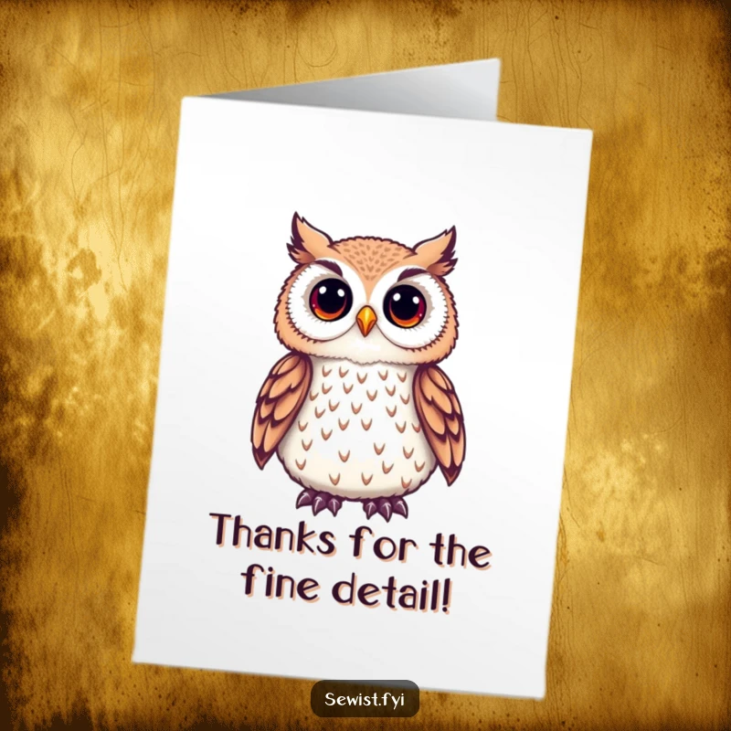 Funny Free Printable Thank You Card: Cute owl intently admiring a delicate embroidered detail, a unique way to say thanks.