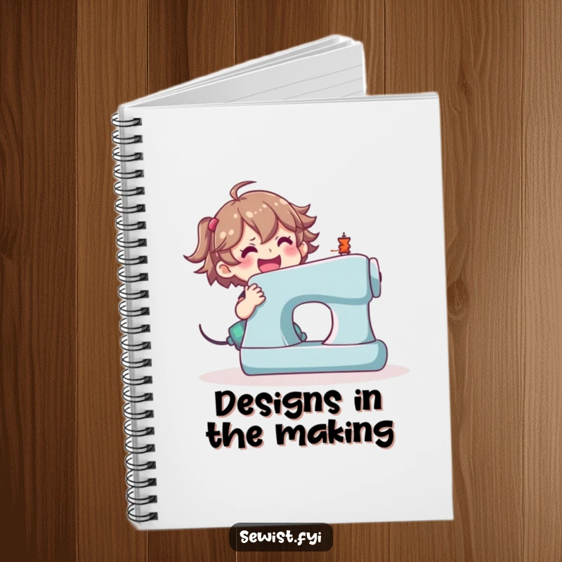 Funny sewing machine notebook, happy character operating a large sewing machine, symbolizing creativity.