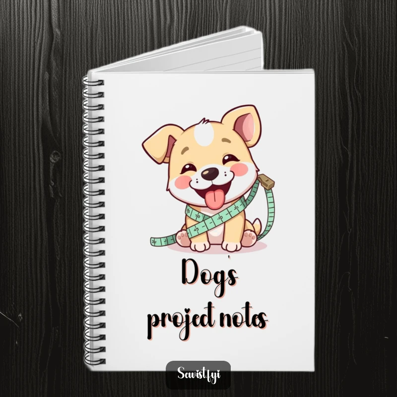 Funny notebook cover with a happy dog measuring fabric with a tape measure, ideal for journaling sewing projects.