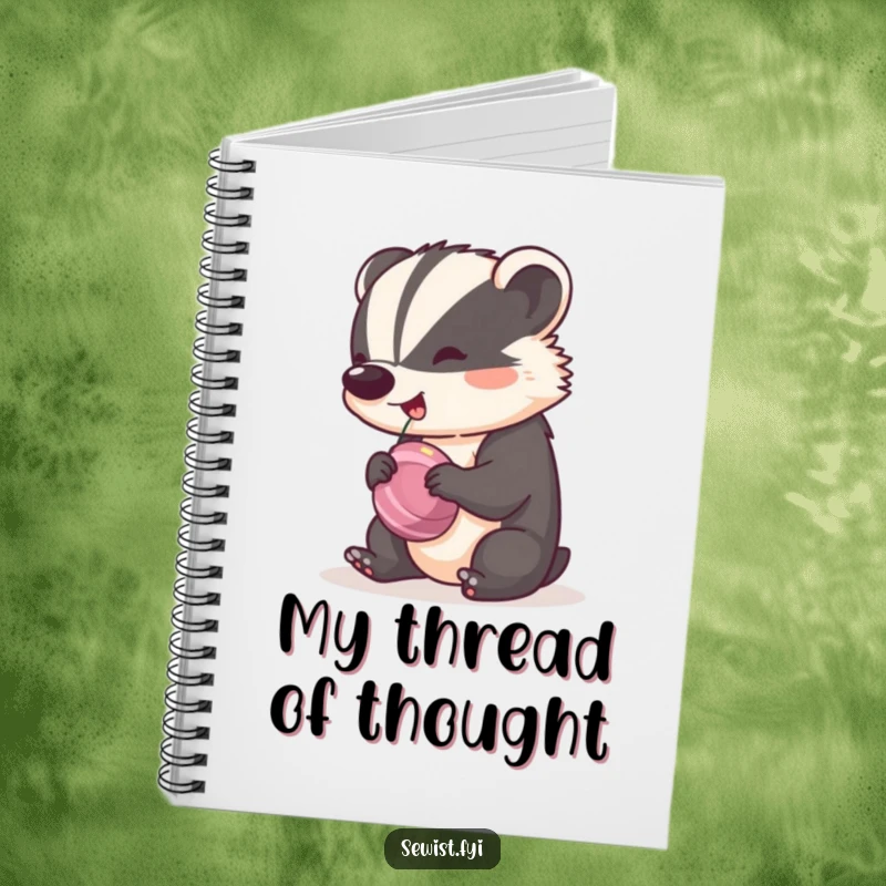 Funny Badger Notebook with a cheeky badger spinning a bobbin with a happy rhythm, perfect for jotting down sewing notes.