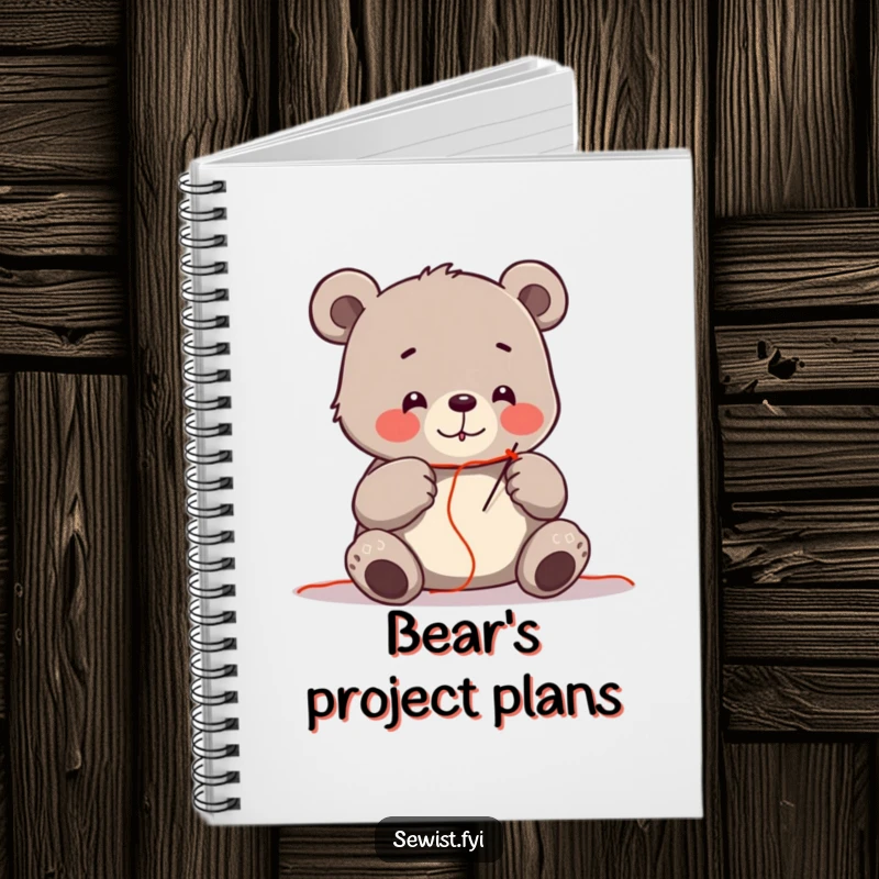 Funny notebook cover with a cheerful bear carefully threading a needle, ideal for journaling sewing projects.