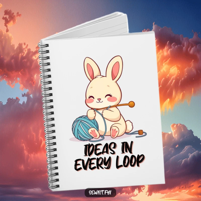 Funny Notebook with a cute bunny character threading a large needle with yarn, perfect for capturing creative ideas.