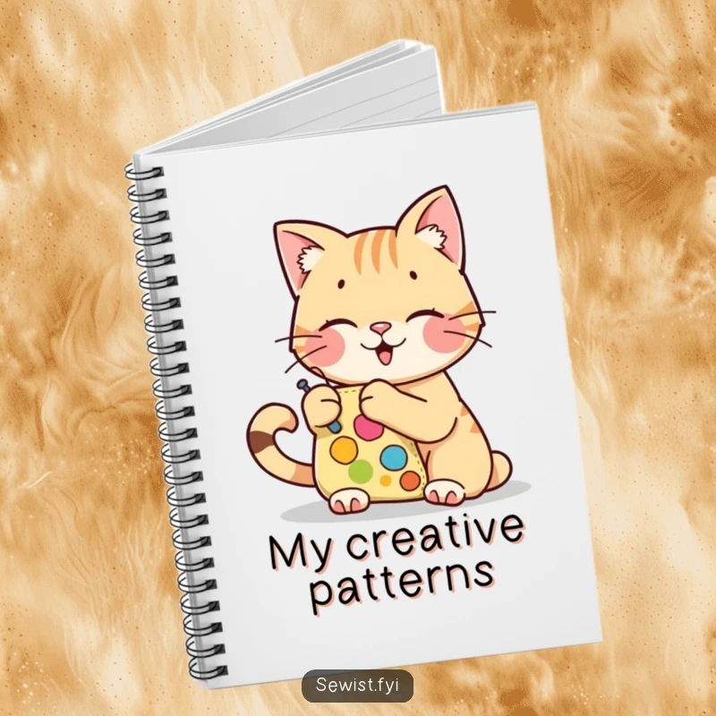 Funny notebook cover with a cheerful cat character stitching a colorful patch, perfect for a funny journal gift.