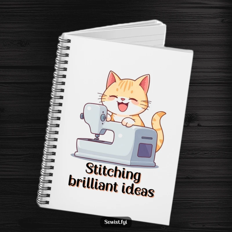 Funny notebook with a playful cat operating a sewing machine, perfect for jotting down ideas with a humorous, crafty cover.