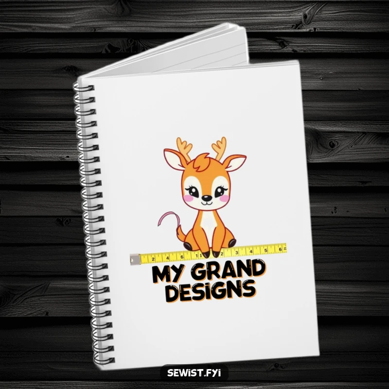 Funny Deer Measuring Tape Notebook: A lined journal with a cover showing a giggling deer measuring fabric with a tape measure, ideal for notes.